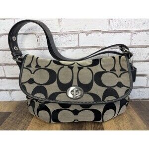 Coach Signature Canvas Turnlock Bag Beige Black Leather Buckle Strap F15171 Y2K